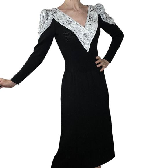 Vintage Pat Sandler for Wellmore knit and beaded dress black white - Picture 1 of 10